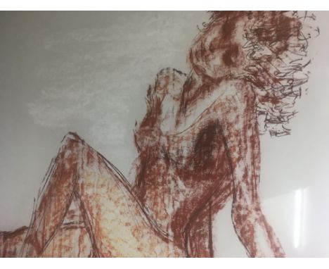 Three framed prints depicting female figures in various poses.76 by 130cm.And 95 cm by 70 cm