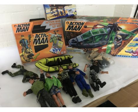 Action man, boxed survival kit and maxicopter, plus a collection of figures and accessories