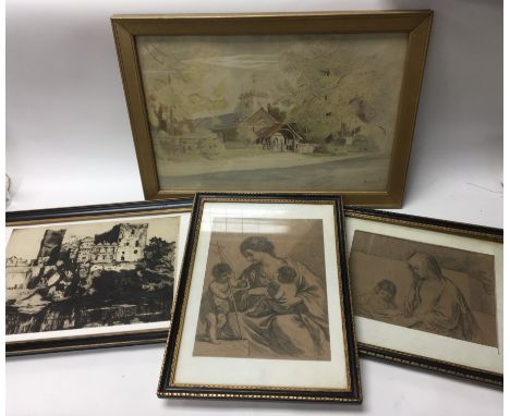 A group of 4 framed pictures to include an F J Naylor watercolour of a Parish Church, two portraits of parents with children 