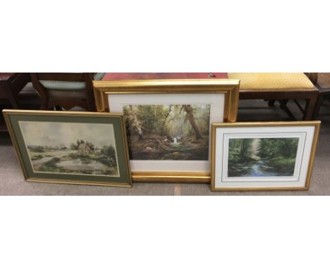 A Brian Alleway painting of a forest stream and two landscape prints