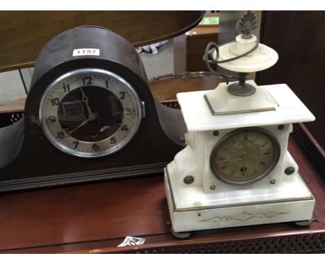 A white alabaster clock an oak mantel clock and a reproduction weatherglass (3)