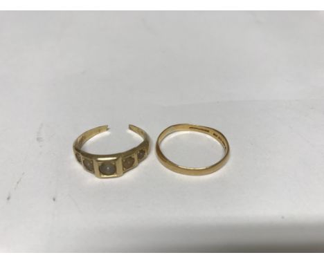 A 22 ct gold ring 2 grams and a broken unmarked ring inset with pearls