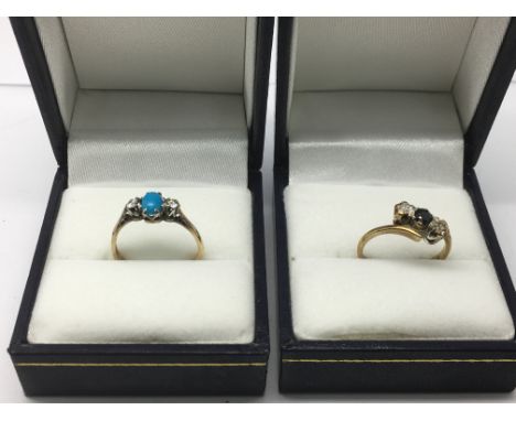 An 18ct gold ring set with a turquoise coloured stone and two small diamonds plus a 9ct gold ring set with a black stone and 