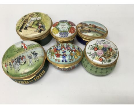A collection of six enamel pill boxes including Halcyon days - NO RESERVE