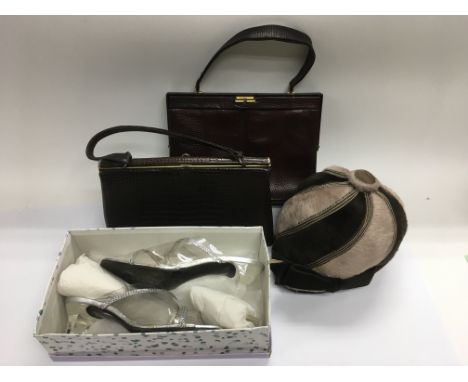 Two vintage bags, a 1960s Mitzi Lorenz hat and a pair of vintage ladies shoes.