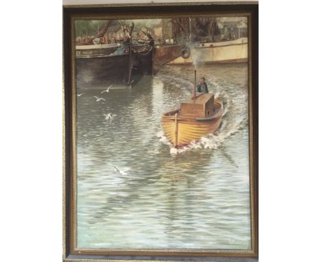 A large oil on canvas of Mistley Quay on the River Stour in Essex, signed R J Pinnock, 1979, approx 86cm x 112cm.