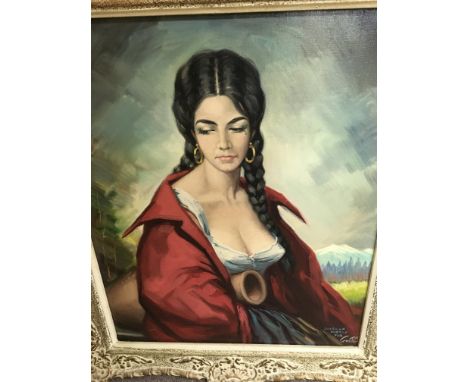 A framed oil on canvas depicting a portrait of a maiden