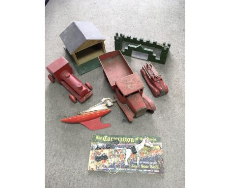 A Triang truck, old metal fire engine and other toys