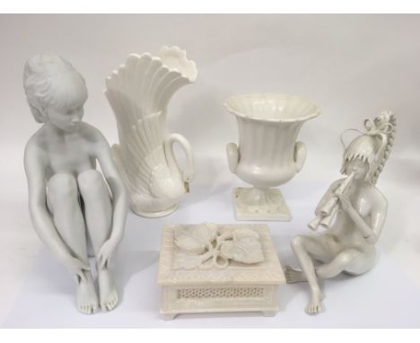 A Kaiser Parian model of a nude female, a white glazed, pottery model of Nymph, initialled, a trinket box and two vases