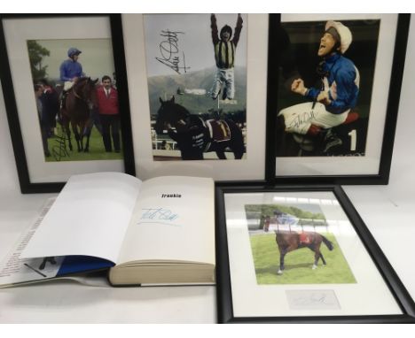 Some signed jockey items comprising four prints and a book by Frankie Dettori.