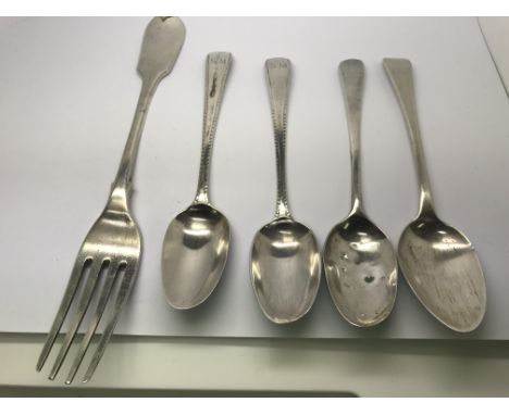 Four Georgian silver spoons and a silver fork