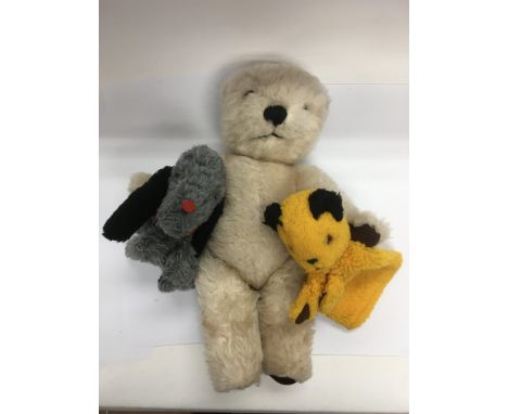 A 1940s/50s Merrythought soft plush bear, approx 44cm tall plus two 1960s Chad Valley Sooty and Sweep hand puppets (3).