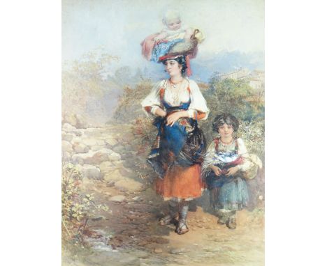 GUIDO BACH (German, 1828-1905) watercolour - fine romantic full portrait of a gypsy lady and her daughter standing beside a b