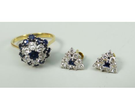 18CT YELLOW GOLD SAPPHIRE AND DIAMOND FLOWER CLUSTER RING (diamond total weight 0.36ct visual estimate) together with a pair 