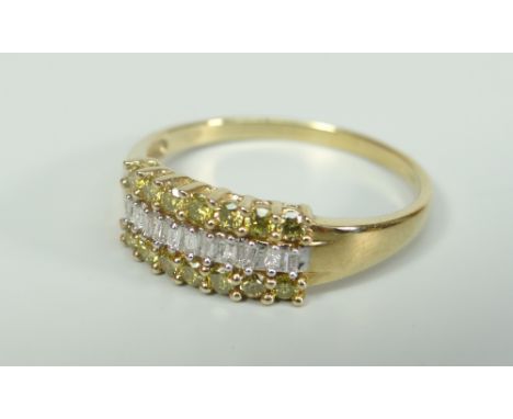 9CT YELLOW GOLD THREE ROW YELLOW AND WHITE DIAMOND RING. 1.9 grams approximately. Condition Report: Good overall condition wi