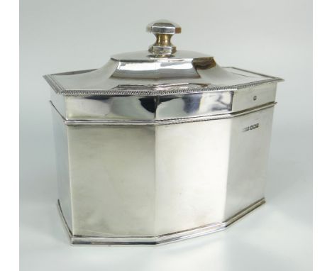 GEORGE V SILVER TEA CADDY OF CHAMFERED RECTANGULAR FORM. Sheffield 1929, James Dixon &amp; Sons, 14 cm high, 23 troy ounces a