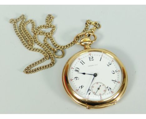 AN 18K GOLD GENTLEMAN'S POCKET WATCH AND YELLOW METAL CHAIN (believed 18k gold) by Tiffany &amp; Co. The pocket watch having 