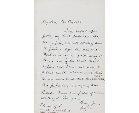 James (Henry, writer, 1843-1916) Autograph Letter signed to James R. Osgood, publisher, 1p. with conjugate blank, 8vo, n.p., 