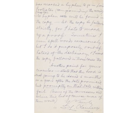 Clemens (Samuel Langhorne, author,  1835-1910), "Mark Twain". Autograph Letter signed "S.L. Clemens" to Benjamin Holt Ticknor