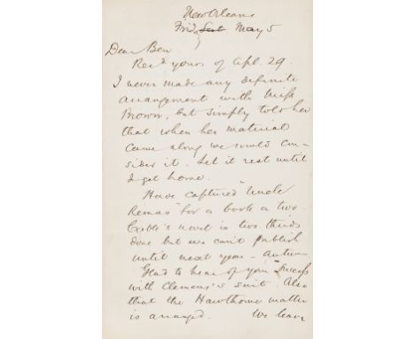 Uncle Remus, Nathaniel Hawthorne &amp; Mark Twain.- Osgood (James R., publisher in Boston, 1836-92) Autograph Letter initiall