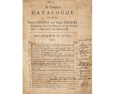 Bookseller's catalogue.- A compleat catalogue of all the stitch'd books and single sheets printed since the first discovery o
