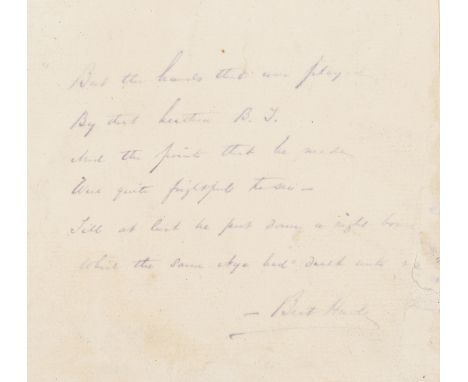 Harte (Bret, author, 1836-1902) Autograph Poem signed extract from "The Heathen Chinee", 1p. with conjugate blank, 6 lines, m
