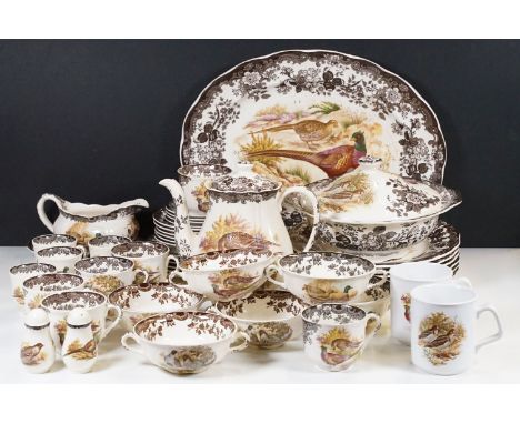 Royal Worcester Palissy Game Series dinner service including coffee pot, soup bowl, serving platter, dinner plates, side plat