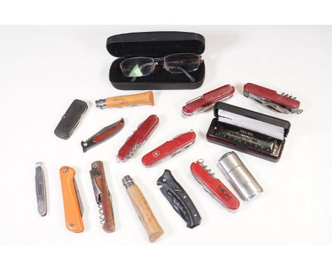 Small box of mixed collectables to include pocket lighters, pipe tamper, harmonica, Jaguar glasses and pocket knives to inclu