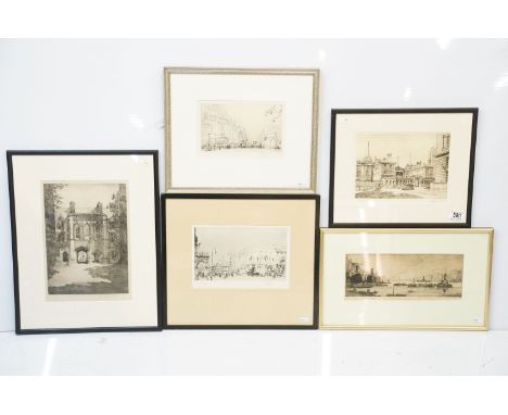 Group of framed and glazed 20th Century cityscape etchings to include William Walcot (1874 - 1943) 'Marble Arch' and 'Euston 