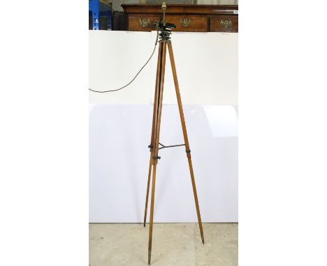 20th century surveyor's scope ERW&amp;S theodolite on tripod floor standing lamp base, approx. H 175cm