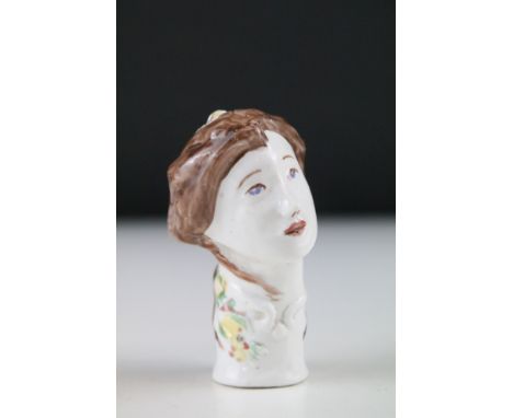 18th century Chelsea porcelain walking cane handle, attributed to Joseph Willems, modelled as a lady's head, with incised tri