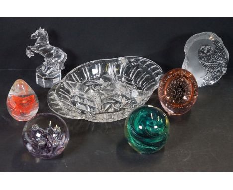 Collection of glass paperweights to include Kerry Glass, Artcristal Bohemia, Nachtmann, etc, plus a four section clear glass 