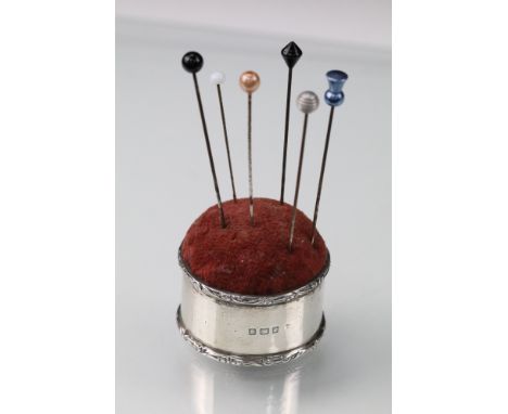 George V silver hat pin cushion stand with engraved decoration, hallmarked Birmingham 1915, makers marks indistinct, together