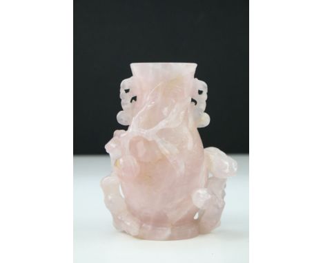 Chinese carved Rose Quartz vessel / vase with raised Chinese detailing and scroll decoration, measures 14cm H