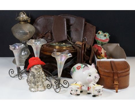 Collection of mixed collectables to include clear glass oil lamp base, barometer, leather horseshoe collar box, Jean Dougall 