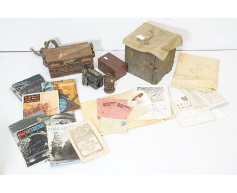 Collection of militaria, to include: a WWI Theodore Hamblin military issue 1916 clinometer, field telephone, a quantity of wa