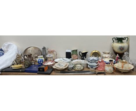 A sword together with a Smiths clock, Royal Doulton figures, Toby jugs, other pottery jugs, vases, miner's lamp