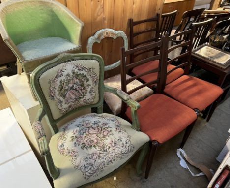 A set of three mid 20th century ladder back dining chairs together with a continental elbow chair a balloon back chair and a 