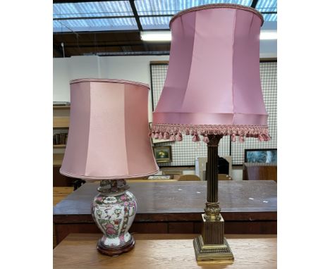 A brass column table lamp with a fluted column and square base together with a modern Chinese porcelain table lamp