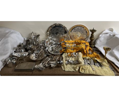 A George III silver table spoon together with a sterling silver dish and a quantity of electroplated wares including part tea