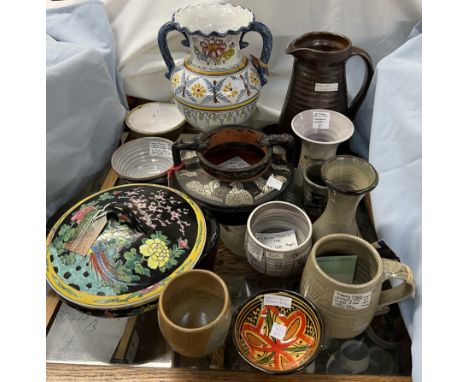 A David Leach jug together with Jeremy leach pottery, Gordon Mernzies bowl, faience tea bowl, twin handled vase etc 