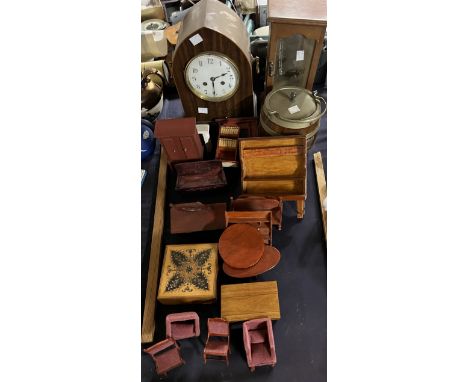 An Edwardian mahogany mantle clock together with dolls house furniture etc 