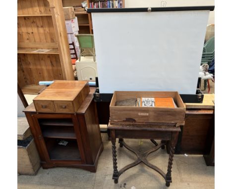 A table top projector screen together with Organ music, an oak occasional table, walnut card record cabinet and a display cab