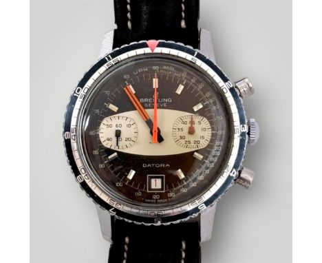 Breitling Chronograph Datora Handaufzug, antimagnetisch, selten schöne Uhr, Stahl mit schwarzem Lederband, Durchmessser ca. 4