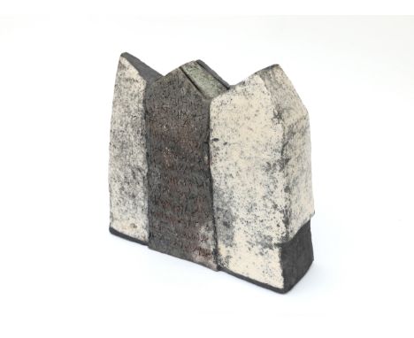 Susanne Silvertant (1961) A sculpture shaped as three houses, constructed of plaques of clay, with lid on top, Raku fired, in