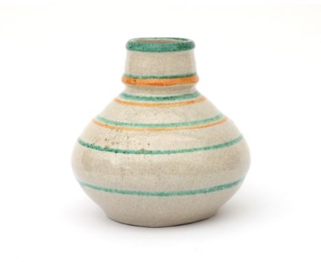 De Zwing, Noordwijk A ceramic vase decorated with green and orange lines, on cream ground, signed with painted manufacturer's