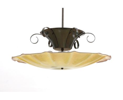Nieuwe Zakelijkheid A bronze-coloured metal hanging lamp with wavy glass disc shade, 1930s. 68 cm. diam.