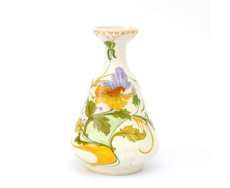Plateelbakkerij Zuid Holland, Gouda A white glazed ceramic vase with floral pattern, circa 1910, with painted manufacturer's 