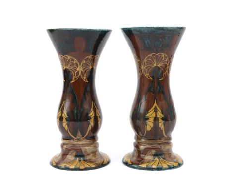 De Distel, Amsterdam Two ceramic vases with identical abstract floral pattern on brown and green ground, with painted manufac