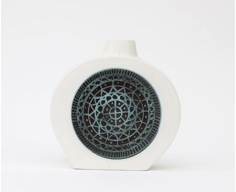 Anne Lewis  A glazed ceramic vase with central ornaments in green on a white ground, produced by Troika, Cornwall, circa 1970
